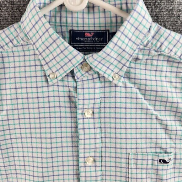 Vineyard Vines Slim Fit Tucker Shirt Large Blue Check Stretch Oxford Button Down - Picture 1 of 16